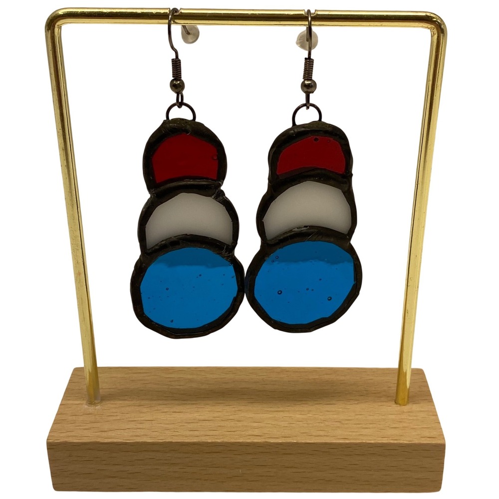 Artisan‎ Handmade Stained Glass Drop Earrings Red White Blue Geometric Dangles